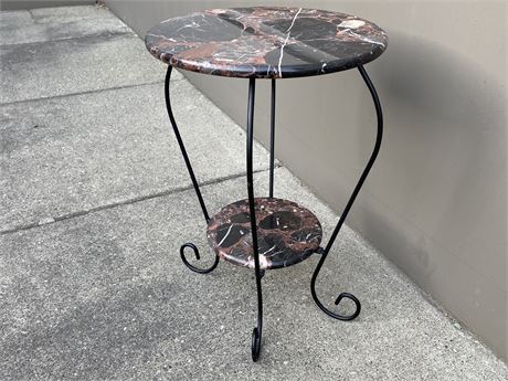 WROUGHT IRON & MARBLE TABLE (2 ft tall, 16” diameter)
