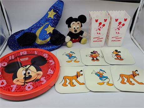 MICKEY MOUSE CLOCK, LIGHT UP HAT, COASTER +