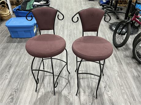 2 TRICA INC. WROUGHT IRON UPHOLSTERED SWIVEL BAR CHAIRS - JEROMY, QUEBEC