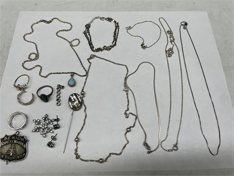 LARGE LOT OF STERLING NECKLACES, RINGS, PINS, ETC