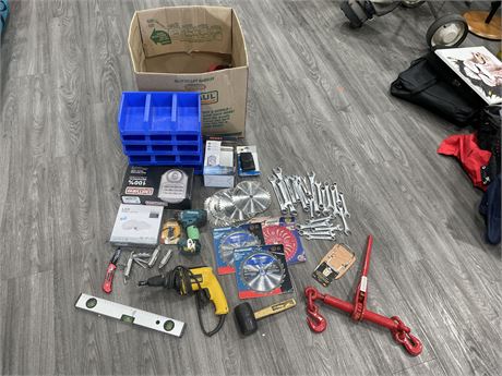 LARGE BOX OF TOOLS INCLUDING SAWS, LOCKS, UTILITY KNIVES, ETC