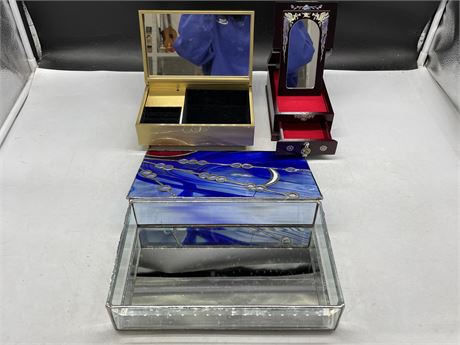 STAINED GLASS JEWELRY BOX (10.5”X2.5”), JAPAN INLAD MOTHER OF PEARL & ABALONE