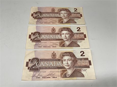 (3) 1986 2 DOLLAR CANADIAN BILLS