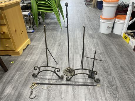 2 LARGE METAL PICTURE STANDS, DISPLAY STAND, & CAST IRON SCALE BASE