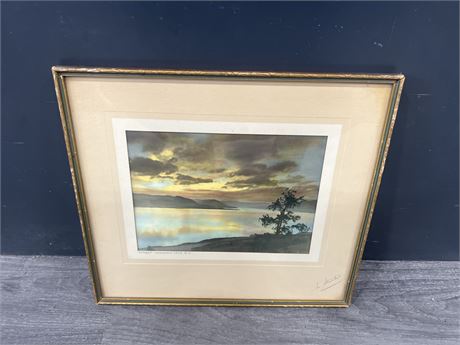EARLY FRAME PICTURE OF SUNSET OKANAGAN LAKE BC - SIGNED 15”x14”