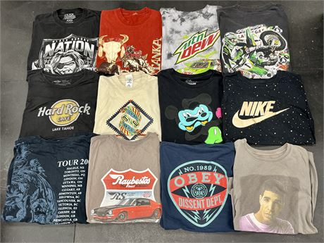 12 ASSORTED SHIRTS (SOME SINGLE STITCH AND VINTAGE) (ASSORTED SIZES)