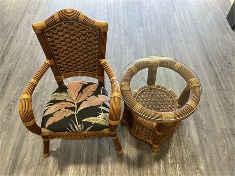 RATTAN CHAIR & SIDE TABLE SET (Table is 24”x23” tall)