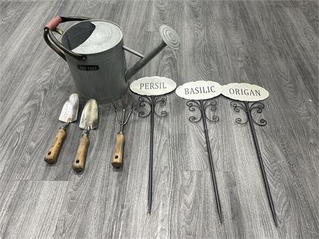 3 METAL + IRON PLANF MARKERS, MERAL WATERING CAN, TOOLS