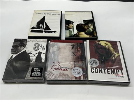 5 CRITERION COLLECTION DVDS - BOTTOM 3 ARE SEALED