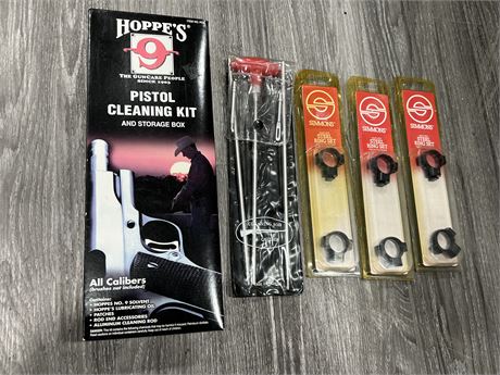 2 NEW PISTOL CLEANING KITS & 3 NEW SCOPE RINGS