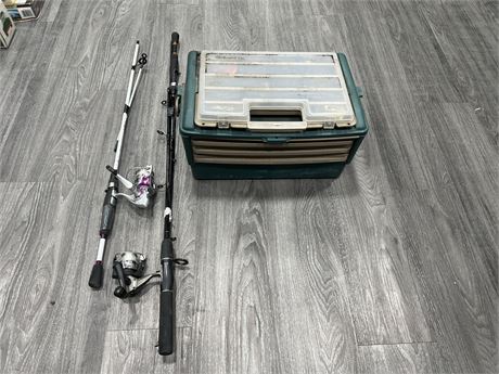 FISHING TACKLE BOX W/ CONTENTS & 2 FISHING RODS