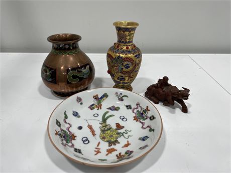 LOT OF CLOISONNÉ VASES (1 VINTAGE), HAND PAINTED ASIAN DISH, HAND CARVED PIECE
