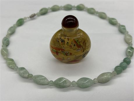 CHINESE JADE NECKLACE & VINTAGE HAND PAINTED BOTTLE
