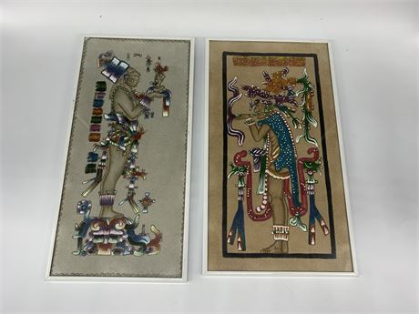 2 FRAMED MEXICAN ART ON LEATHER (16x9”)