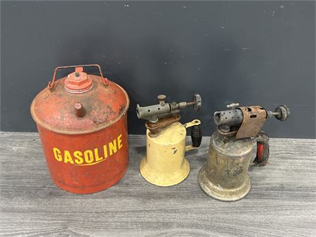 VINTAGE METAL GAS CAN + 2 HAND TORCHES - GAS CAN IS 12” TALL