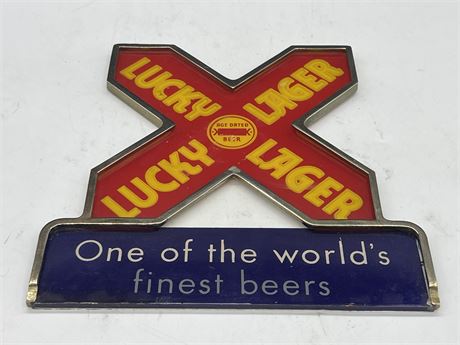 VINTAGE LUCKY LAGER BEER SIGN - RARE (9”x9”)