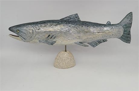 STONE AND WOOD CARVED SALMON CENTERPIECE (22"length)