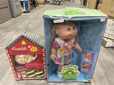 NOS CAMPBELLS SOUP DISPLAY SET & CABBAGE PATCH KIDS PAINTIN’ FACE DOLL IN BOX