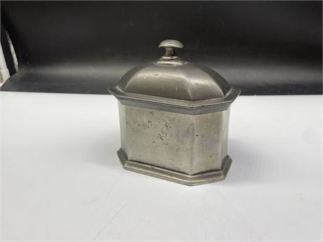 HEAVY VINTAGE PEWTER DECORATIVE CONTAINER - 5” X 5”
