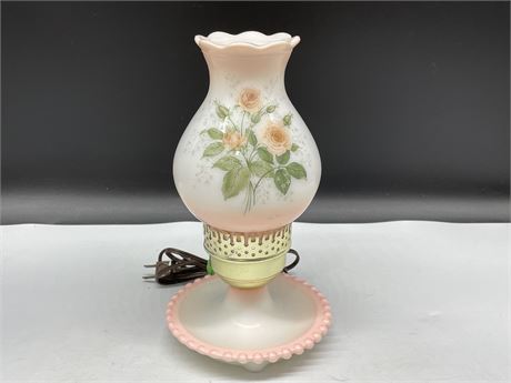 VINTAGE MILK GLASS TABLE LAMP HAND PAINTED ROSE HOBNAIL BASE (11” TALL)