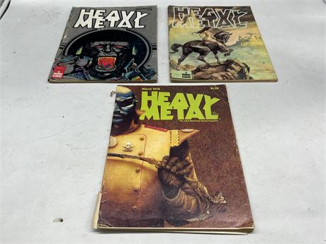 (3) 1970s HEAVY METAL COMIC MAGS - 2 HAVE DETACHED / PARTIAL DETACHED COVER