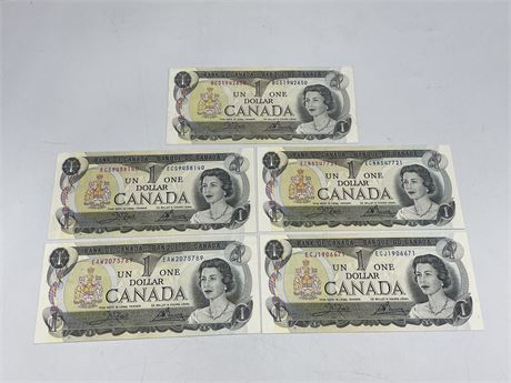 (5) 1973 CANADIAN DOLLAR BILLS (MINT)