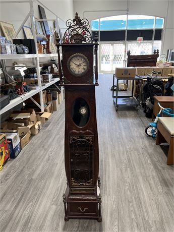 ANTIQUE STYLE STANDING CLOCK - WORKING - 66”x9”x8”