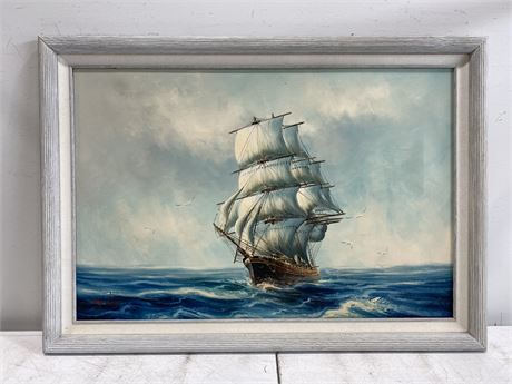 VINTAGE SIGNED SHIP OIL PAINTING (41”X29”)