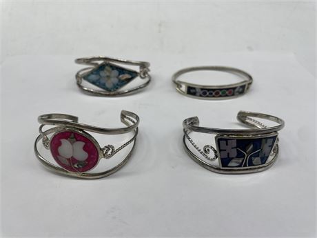 4 VINTAGE MEXICAN 925 SILVER BRACELETS WITH MOTHER OF PEARL INLAY