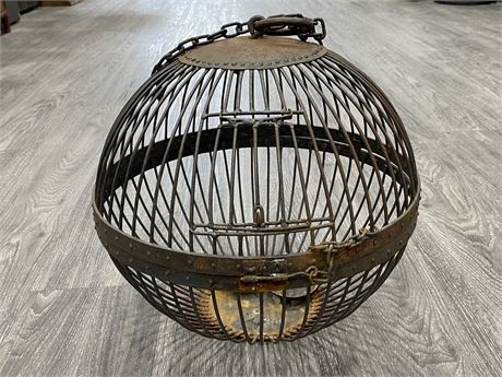 VINTAGE IRON HANGING CANDLE HOLDER/BIRD CAGE (14” TALL)