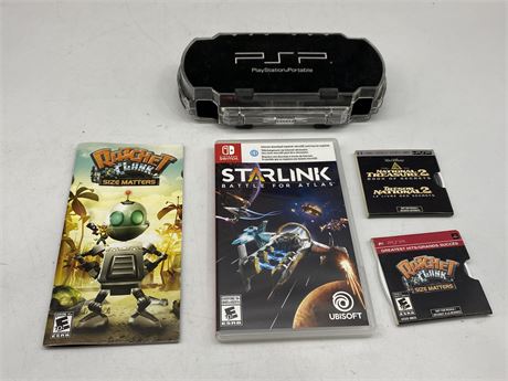 2 PSP GAMES, PSP CASE, NINTENDO SWITCH GAME, BOOKLET