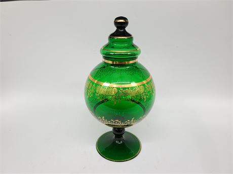 GOLD ETCHED GREEN VASE WITH LID (11"Tall)
