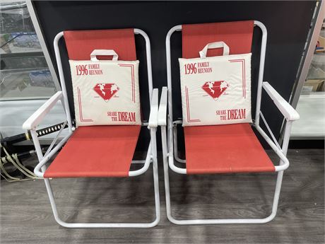 2 RED CAMPING CHAIRS & CUSHIONS