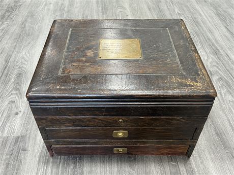 ANTIQUE WOOD CUTLERY BOX DATED 1915 WINNIPEG (15”x19”x12” Tall)