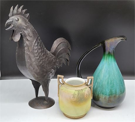 BLUE POTTERY JUG , METAL ROOSTER AND NIPPON VASE