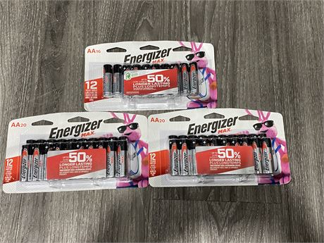 3 NEW PACKS OF ENERGIZER AA BATTERIES (20 & 16 / PACKAGE 56 TOTAL)