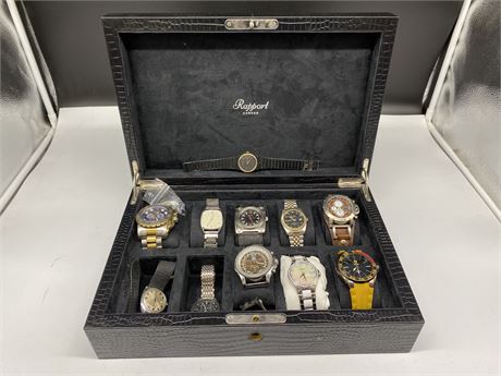 11 MISC WATCHES & CASE (BREITLING IS NOT AUTHENTIC, LOT IS AS IS)
