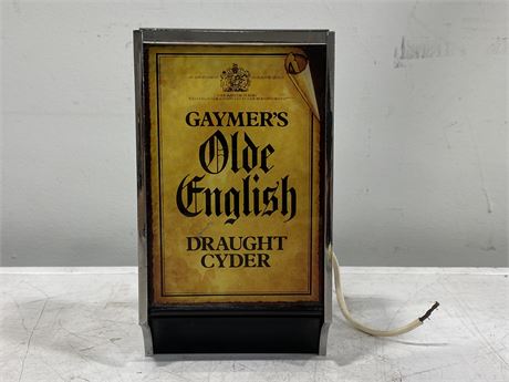 1960S GAYMER’S OLD ENGLISH DRAUGHT CIDER LIGHT UP STORE DISPLAY (5”X8”)