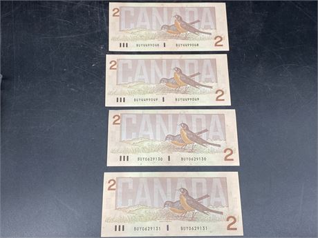 (4) 1986 CANADIAN $2 BILLS (2 SEQUENCED SETS)