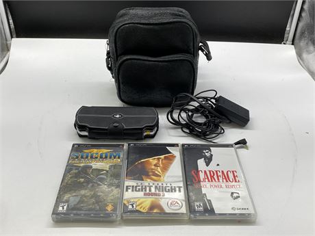 NEAR MINT +PSP COMPLETE W/CHARGER, CASE, GAMES & POUCH - WORKING