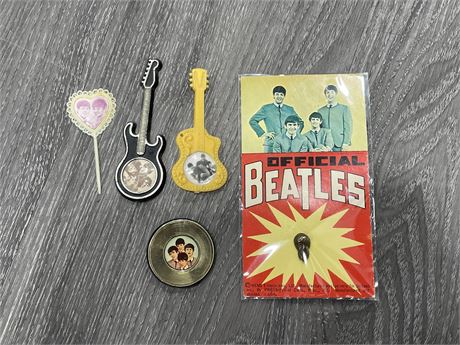 VINTAGE BEATLES BROOCHES, CAKE TOPPER & TIE PIN NOS