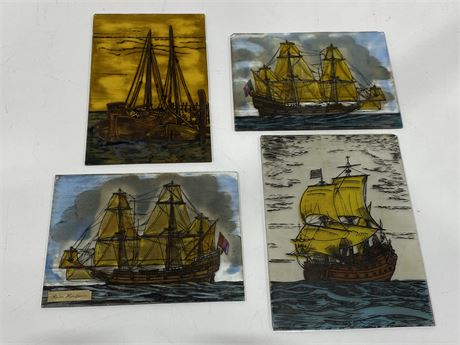 4 ANTIQUE HAND PAINTED GLASS PICTURES (Approx. 8”x6”)