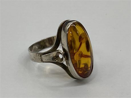 835 SILVER AMBER RING - SZ 8