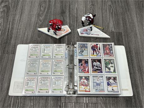 BINDER OF 1990s NHL CARDS & 2 FIGURES