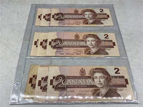 9 CANADIAN 2 DOLLAR BILLS