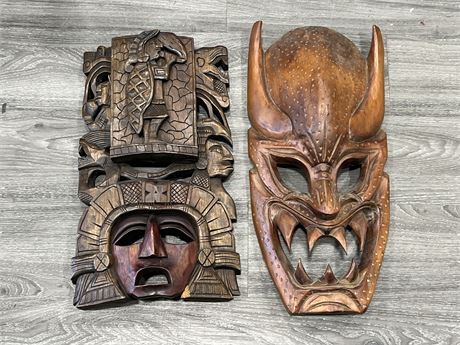 2 LARGE WOOD MASK WALL CARVINGS (22” tall)