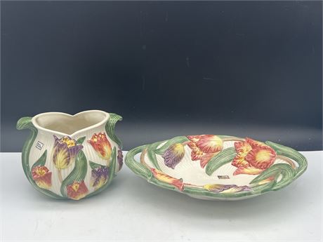 2PCS OF FITZ + FLOYD HAND PAINTED POTTERY - BOWL 13” WIDE - VASE 7” TALL