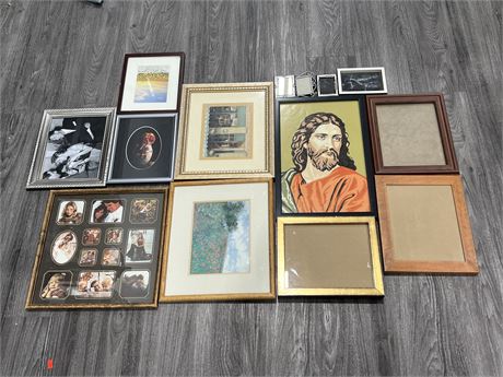 14 MISC PICTURE FRAMES - SOME VINTAGE - LARGEST IS 12”x18”