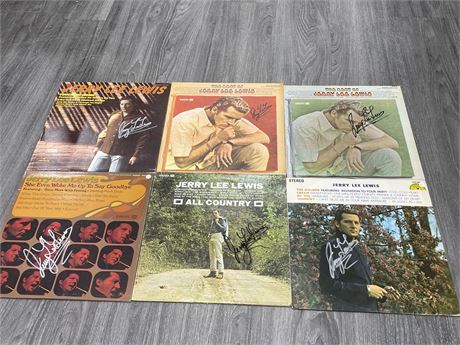 6 AUTOGRAPHED JERRY LEE LEWIS RECORDS - VG (SCRATCHED)