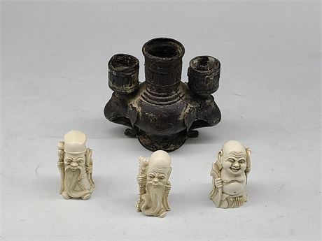 EARLY CANDLE HOLDER 4"/3 FIGURINES